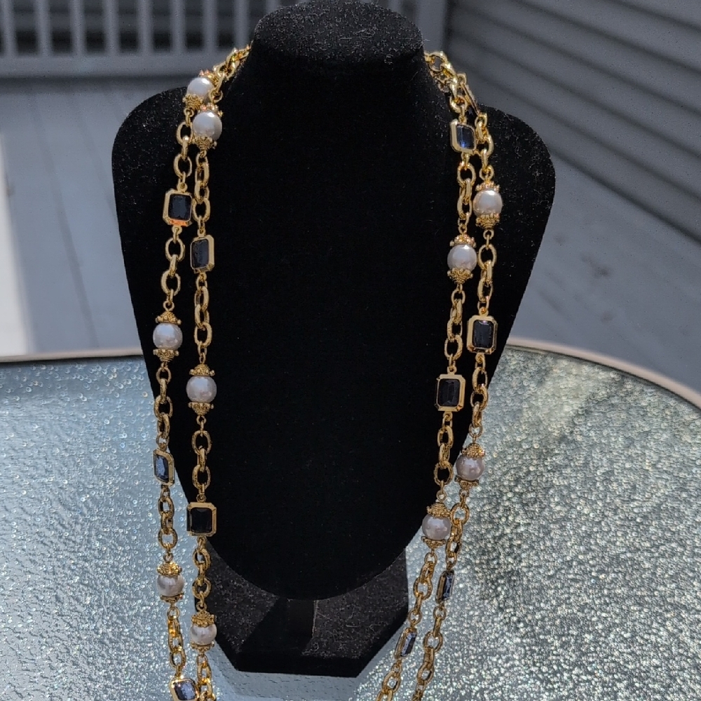Gold Chain Necklace with White Pearls and Black Stones